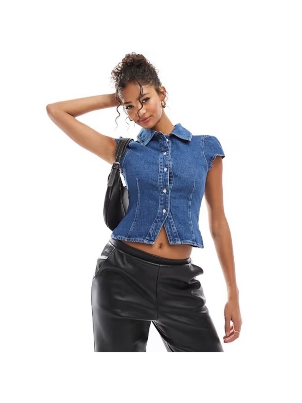 Blue Denim Button-Front Crop Top
